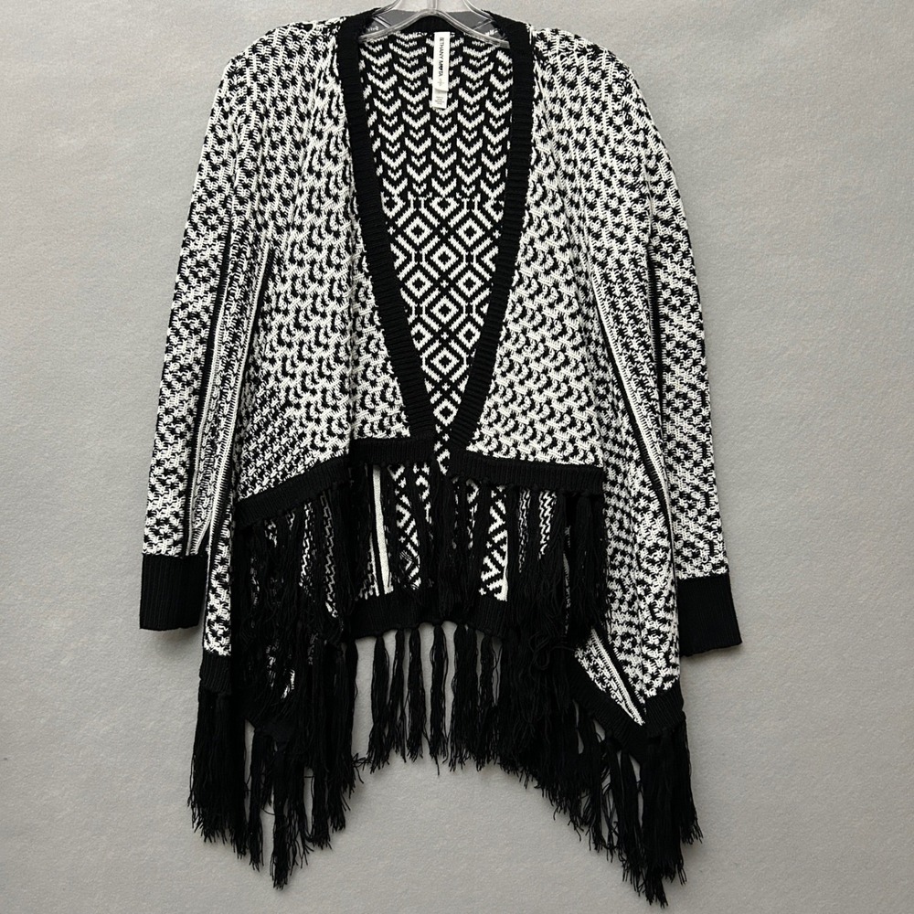 Bethany Mota Cardigan Women Small Black White Geometric Fringe Knit Sweater